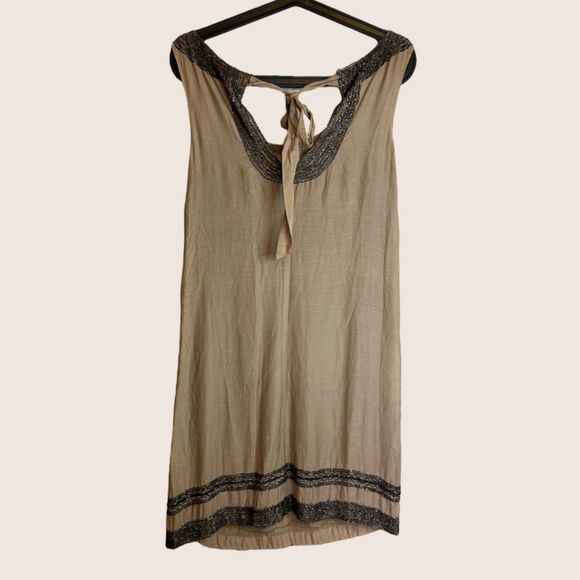 ➰ ALEXIA ADMOR BEIGE SILK BLEND BEADED TIE BACK BOHO SHIFT DRESS SLEEVELESS XS - Picture 2 of 5
